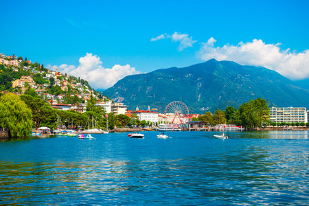 Locarno aerial panoramic view. Locarno is a town located on the shore of Lake Maggiore in the Ticino canton in Switzerland.のeditorial素材
