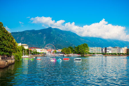 Locarno panoramic view. Locarno is a town located on the shore of Lake Maggiore in the Ticino canton in Switzerland.のeditorial素材