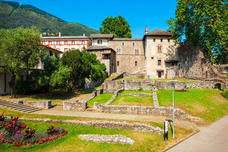 Visconteo Castle ruins in the centre of Locarno town on the shore of Lake Maggiore in the Ticino canton in Switzerland.のeditorial素材