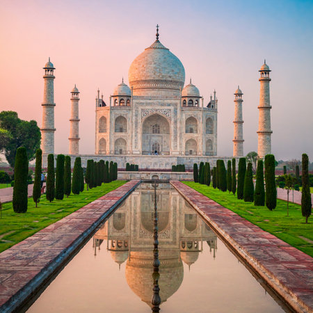 Taj Mahal is a white marble mausoleum on the bank of the Yamuna river in Agra city, Uttar Pradesh state, Indiaのeditorial素材