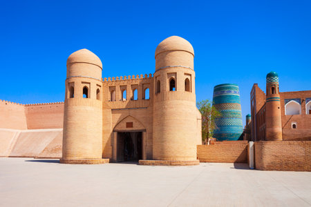 West Gate of the Itchan Kala, an ancient walled inner town of the city of Khiva in Uzbekistanのeditorial素材