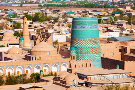 Kalta Minor Minaret aerial panoramic view at the Itchan Kala, the walled inner town of the city of Khiva in Uzbekistanのeditorial素材