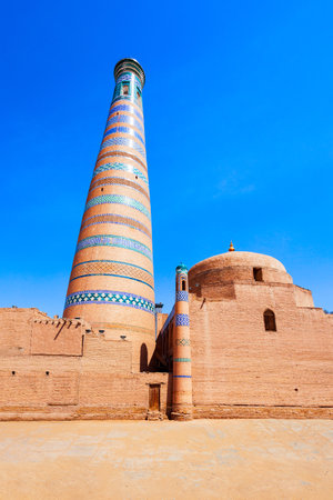 Islam Khodja Minaret at the Itchan Kala, the walled inner town of the city of Khiva in Uzbekistanのeditorial素材