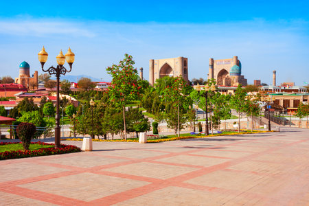 Bibi Khanym or Bibi-Khanym Mosque and other landmarks aerial panoramic view in Samarkand city centre in Uzbekistanのeditorial素材