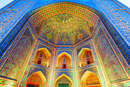 Registan Tilya Kori Madrasah mosaic pattern design background of ceramic tiles in Samarkand city, Uzbekistanのeditorial素材