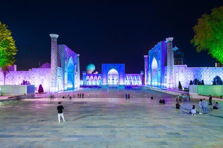Registan night laser show. Registan is an ancient city in Samarkand city in Uzbekistan.のeditorial素材