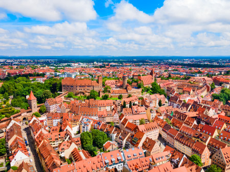 Nuremberg old town aerial panoramic view. Nuremberg is the second largest city of Bavaria state in Germany.のeditorial素材