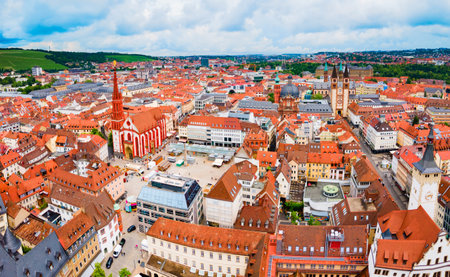 Marienkapelle or St. Mary Church at Market square or Marktplatz in Wurzburg old town aerial panoramic view. Wurzburg or Wuerzburg is a city in Franconia region of Bavaria, Germany.のeditorial素材