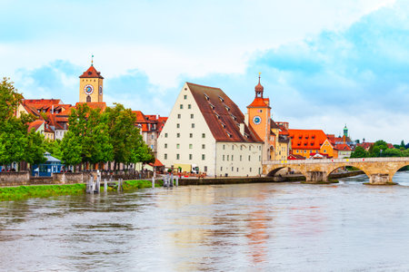 Bridge Tower or Brueckturm in Regensburg city, Bavaria in Germanyのeditorial素材