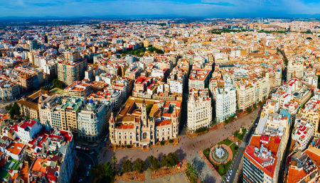 Valencia City Hall at the Plaza del Ajuntament square aerial panoramic view. Valencia is the third most populated municipality in Spain.の写真素材
