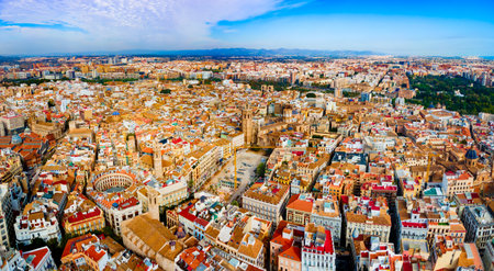 Valencia Metropolitan Cathedral or Basilica of the Assumption of Our Lady of Valencia aerial panoramic view in Spain. It is located at the Plaza de la Reina square.の写真素材