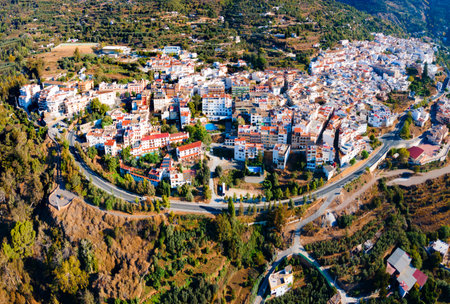Lanjaron aerial panoramic view. Lanjaron is a town in the Alpujarras area in the province of Granada in Andalusia, Spain.の写真素材