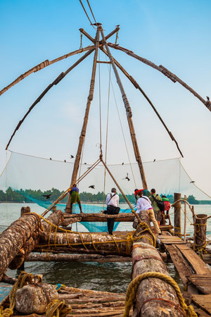 Chinese fishing nets or cheena vala are a type of stationary lift net, located in Fort Kochi in Cochin, Indiaの写真素材