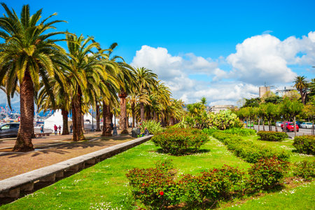 Promenade in the public park near the La Spezia city port, Liguria region of Italyの写真素材