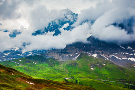 Lauterbrunnen valley panoramic view, Bernese Oberland near Interlaken city in Switzerlandの写真素材