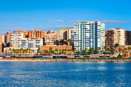 Paseo del Muelle Uno boardwalk is a popular pedestrian promenade located in the centre of the city of Malagaの写真素材