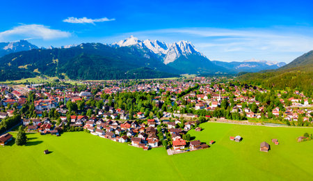 Garmisch-partenkirchen and Zugspitze mountain aerial panoramic view. Garmisch Partenkirchen is an Alpine ski town in Bavaria, southern Germany.の写真素材