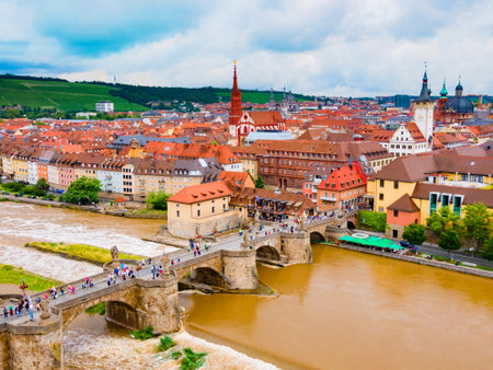 Old Main river bridge and Wurzburg old town aerial panoramic view. Wurzburg or Wuerzburg is a city in Franconia region of Bavaria state, Germany.の写真素材