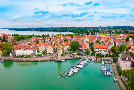Lindau aerial panoramic view. Lindau is a major town and island on the Lake Constance or Bodensee in Bavaria, Germany.の写真素材