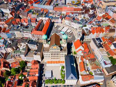 Augsburg Town Hall or Rathaus and Perlachturm Tower in Rathausplatz square aerial panoramic view. Augsburg is a city in Swabia, Bavaria region of Germany.の写真素材