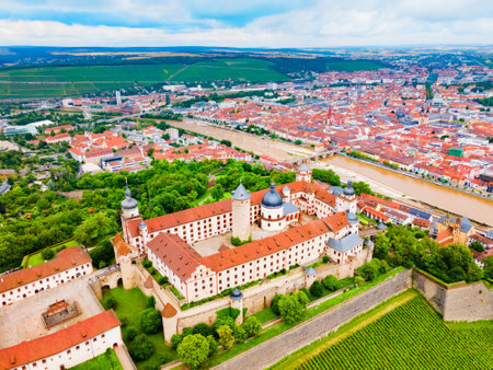 Marienberg Fortress aerial panoramic view in Wurzburg old town. Wurzburg or Wuerzburg is a city in Franconia region of Bavaria state, Germany.の写真素材
