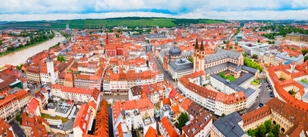Wurzburg Cathedral and Neumunster Collegiate Church aerial panoramic view in Wurzburg old town in Bavaria, Germanyの写真素材