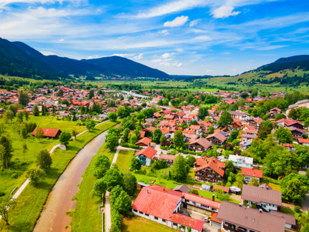 Oberammergau aerial panoramic view. Oberammergau is a town in the district of Garmisch-Partenkirchen in Bavaria, Germanyの写真素材