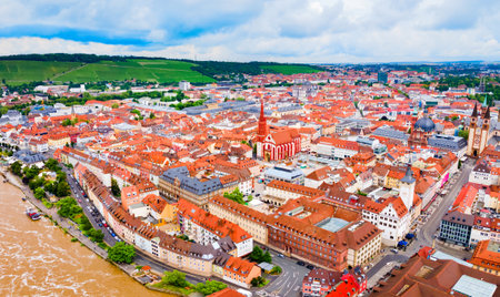 Marienkapelle or St. Mary Church at Market square or Marktplatz in Wurzburg old town aerial panoramic view. Wurzburg or Wuerzburg is a city in Franconia region of Bavaria, Germany.の写真素材