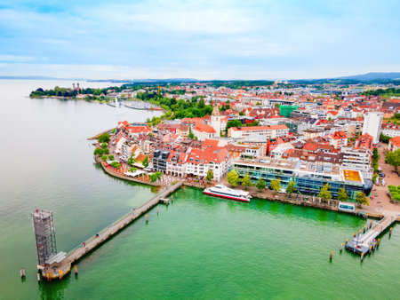 Friedrichshafen aerial panoramic view. Friedrichshafen is a city on the shore of Lake Constance or Bodensee in Bavaria, Germany.の写真素材