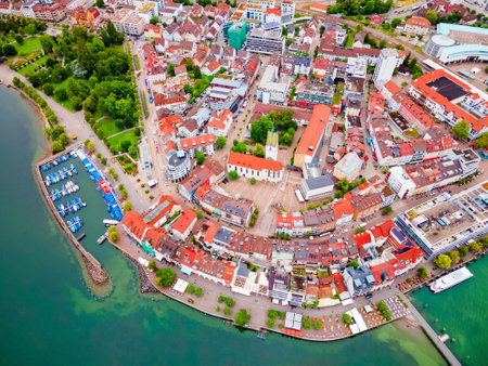Friedrichshafen old town aerial panoramic view. Friedrichshafen is a city on the shore of Lake Constance or Bodensee in Bavaria, Germany.の写真素材