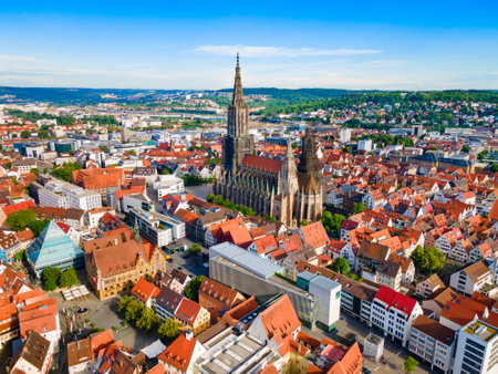 Ulm Minster or Ulmer Munster Cathedral aerial panoramic view, a Lutheran church located in Ulm, Germany. It is currently the tallest church in the world.の写真素材