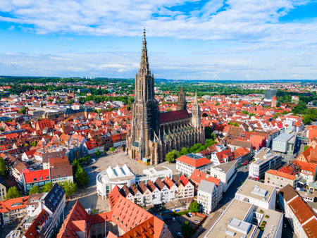 Ulm Minster or Ulmer Munster Cathedral aerial panoramic view, a Lutheran church located in Ulm, Germany. It is currently the tallest church in the world.の写真素材