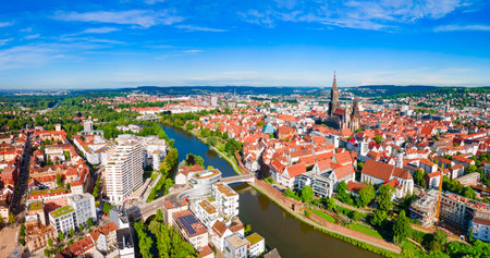Ulm Minster or Ulmer Munster Cathedral aerial panoramic view, a Lutheran church located in Ulm, Germany. It is currently the tallest church in the world.の写真素材