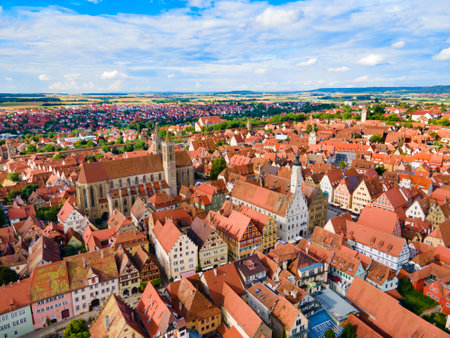 Market square or Marktplatz and St. James or St. Jakob Church aerial panoramic view in Rothenburg ob der Tauber. Rothenburg Tauber is a city in Franconia region of Bavaria, Germany.の写真素材