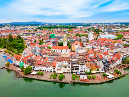 Friedrichshafen aerial panoramic view. Friedrichshafen is a city on the shore of Lake Constance or Bodensee in Bavaria, Germany.の写真素材
