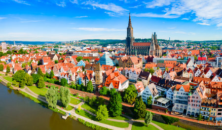 Ulm Minster or Ulmer Munster Cathedral aerial panoramic view, a Lutheran church located in Ulm, Germany. It is currently the tallest church in the world.の写真素材
