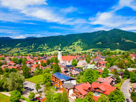 St. Peter and Paul Church aerial panoramic view in Oberammergau. Oberammergau is a town in the district of Garmisch-Partenkirchen in Bavaria, Germany.の写真素材