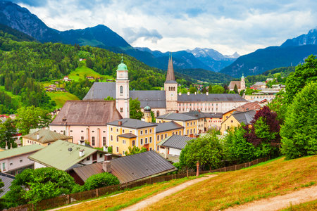 Berchtesgaden town aerial panoramic view in Bavaria region of Germanyの写真素材