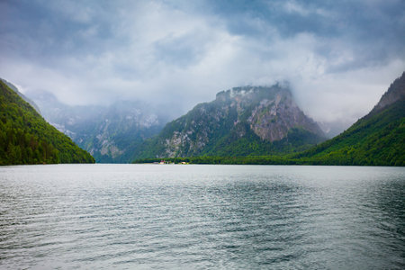 The Konigssee is a natural lake in the southeast Berchtesgadener Land district of the Bavaria state in Germanyの写真素材