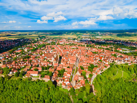 Rothenburg ob der Tauber aerial panoramic view. Rothenburg ob der Tauber is a city in the Franconia region of Bavaria, Germany.の写真素材