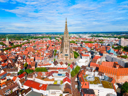Ulm Minster or Ulmer Munster Cathedral aerial panoramic view, a Lutheran church located in Ulm, Germany. It is currently the tallest church in the world.の写真素材