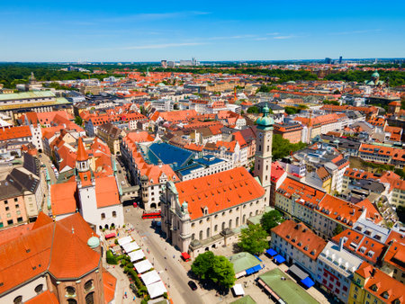 Church of the Holy Spirit or Heilig Geist Kirche at Marienplatz. Marienplatz or St. Mary square is a central square in the city centre of Munich, Germany.の写真素材
