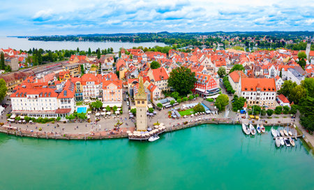 Lindau aerial panoramic view. Lindau is a major town and island on the Lake Constance or Bodensee in Bavaria, Germany.の写真素材