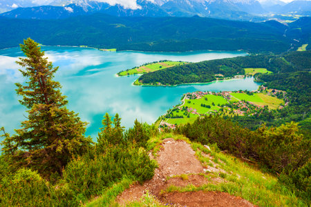 Walchensee aerial panoramic view from Herzogstand viewpoint. Walchensee or Lake Walchen is one of the deepest and largest alpine lakes in Germany.の写真素材