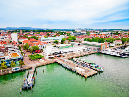 Friedrichshafen aerial panoramic view. Friedrichshafen is a city on the shore of Lake Constance or Bodensee in Bavaria, Germany.の写真素材