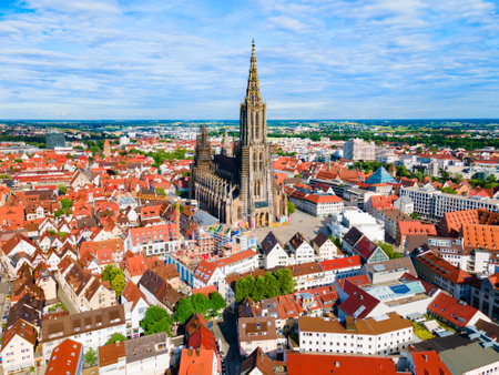 Ulm Minster or Ulmer Munster Cathedral aerial panoramic view, a Lutheran church located in Ulm, Germany. It is currently the tallest church in the world.の写真素材