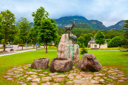 Alpine ibex monument in Schonau am Konigssee town in Bavaria, Germanyの写真素材