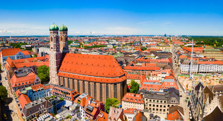 Frauenkirche aerial panoramic view. Frauenkirche or Cathedral of Our Dear Lady is a catholic church in Munich, Bavaria in Germanyの写真素材