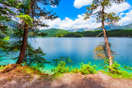 Eibsee lake near Garmisch-Partenkirchen town in Bavaria, Germanyの写真素材