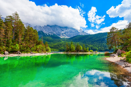 Eibsee lake near Garmisch-Partenkirchen town in Bavaria, Germanyの写真素材